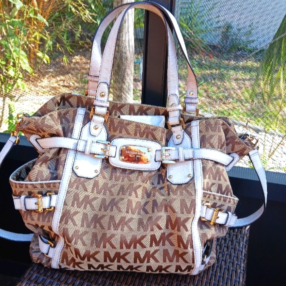 MICHAEL KORS Signature Logo Large Canvas + Leather Satchel Bag Handbag Tote
